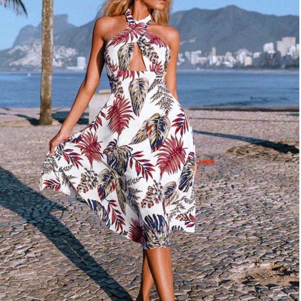 Cupshe Kara Tropical Leaves Midi Halter Dress size Small Beach Vacation Flowy